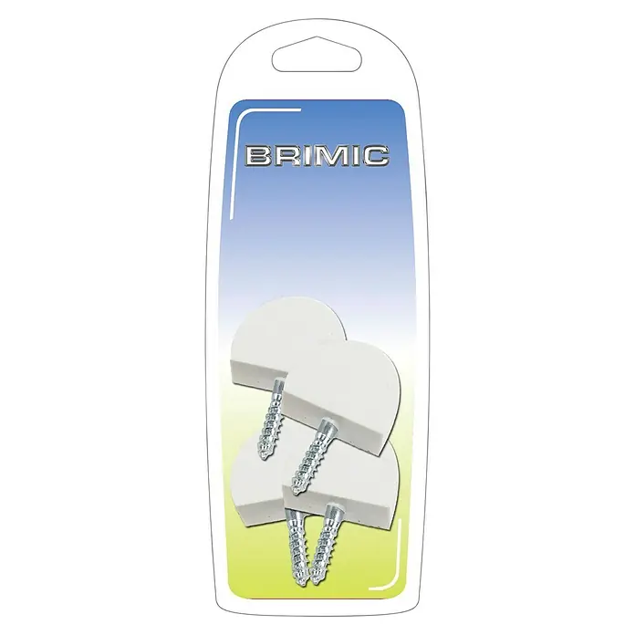 Micel Soporte para estantes de cristal grande - Plástico, Marrón, 4 ud. - Un paquete de tapones de fijación a la pared Brimić, que muestra tres tapones blancos en forma de semicírculo y los correspondientes tornillos plateados.