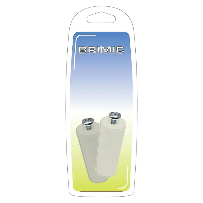 Micel Tope de cierre para persiana - Ø x L: 20 x 40 mm, Marfil, 2 ud. - Primer plano de un blíster que contiene dos rodillos blancos con tornillos en la parte superior. Ideal para reparaciones de muebles y bricolaje.