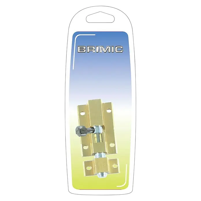 Micel Brimic Pestillo - L x An: 50 x 27 mm, Oro - Primer plano de un empaque de cerrojo BRIMIC, que muestra el diseño dorado del cerrojo y la marca, ideal para catálogos de productos.