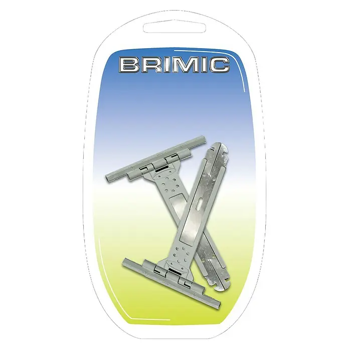 Micel Brimic Fleje para persiana PR18 - Anchura de la correa: 17 mm - Una mirada al embalaje del producto BRIMIC que muestra dos sujetadores de ventanas plateados utilizados para instalar marcos de ventanas.