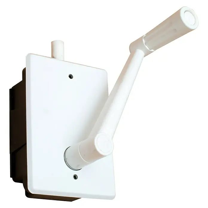 Micel Manivela PR17 - Largo: 112 mm, Blanco, Específico para: Persianas a manivela - Primer plano de una manivela manual blanca unida a una caja negra con una placa cuadrada blanca, ideal para ajustar o girar.