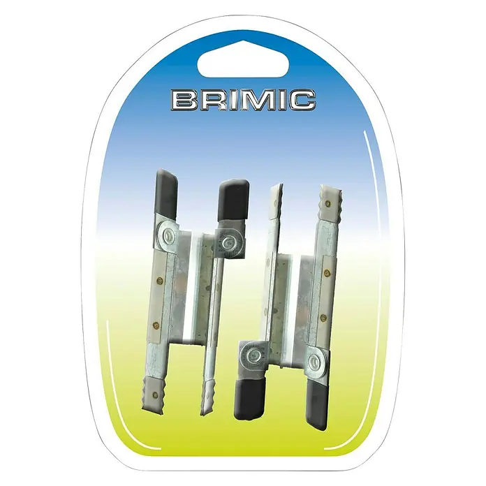 Micel Brimic Tope de cierre para persiana cuña - L x An: 125 x 37 mm, Cromo, 2 ud. - Embalaje del producto Brimic con dos dispositivos metálicos que se mueven mediante una articulación, sobre un fondo azul y amarillo.