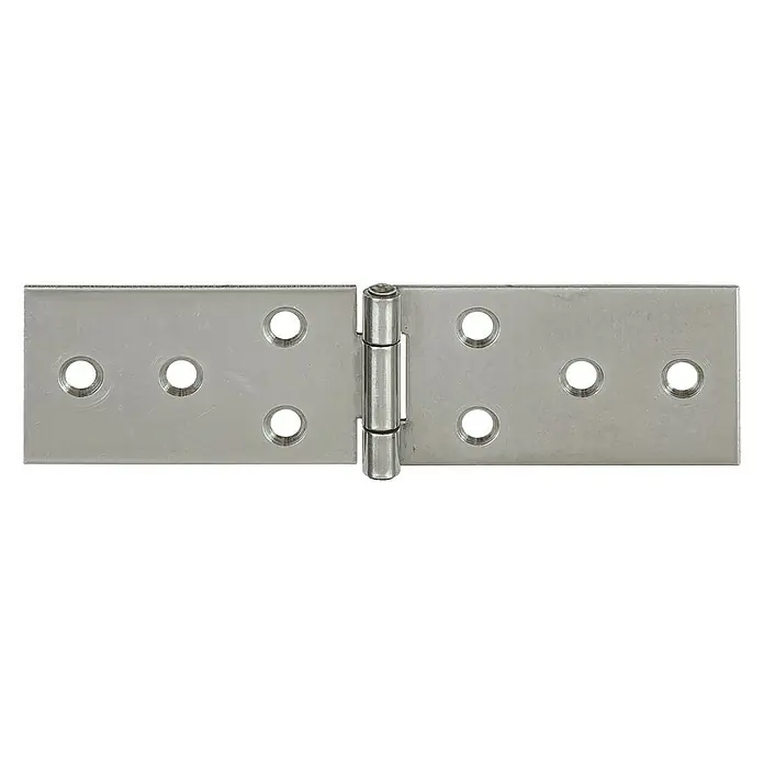 Stabilit Tischband - B x H: 121 x 35 mm, Stärke: 1,5 mm, Edelstahl - Ein silbernes Scharnier mit sechs Löchern auf jeder Seite liegt flach auf einem schwarzen Hintergrund.