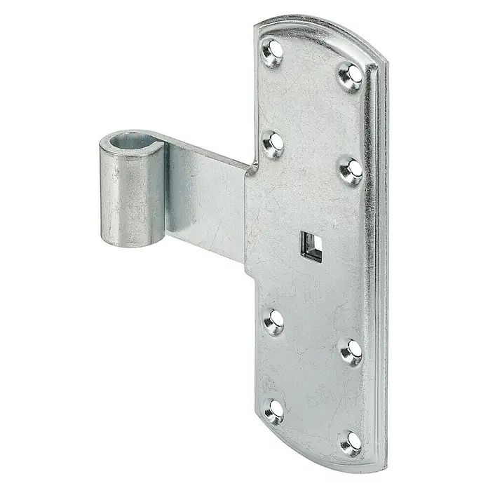 Stabilit Kreuzband - B x H: 50 x 160 mm, Innendurchmesser Rolle: 13 mm - Nahaufnahme eines Torbandes aus verzinktem Stahl, das zur Befestigung von Toren und Türen verwendet wird und eine hohe Stabilität bietet.