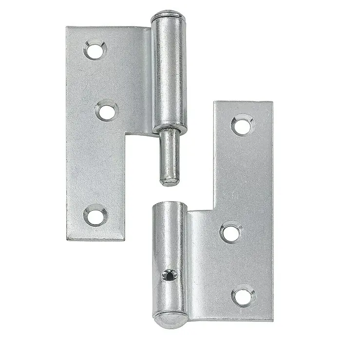 Stabilit Aushebescharnier - B x H: 65 x 80 mm, Stärke: 1,8 mm, Verzinkt, Links - Ein silbernes Türband mit Stift und Schraublöchern, ideal für Holztüren und Möbel. Robuste Konstruktion für zuverlässige Funktion.