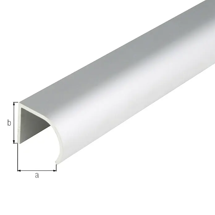 Stabilit Perfil angular - 2.000 x 25 x 19 mm, Plateado - Imagen de un perfil de aluminio plateado en forma de U con bordes redondeados, dimensiones a y b indicadas, aislado en negro.