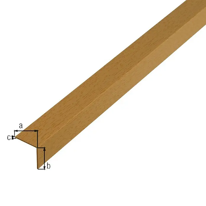 Alberts Perfil angular - 1.000 x 20 x 20 mm, Espesor: 1,5 mm, Plástico, Haya - Una imagen detallada de una tira de madera, resaltando su forma y textura. La tira es de color marrón claro, mostrando su grano natural.