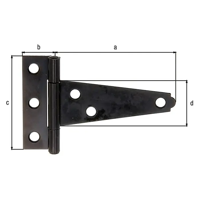 Alberts Bisagra de cofre - Largo: 75 mm, Negro, Enrollado - Bisagra en T negra con orificios de montaje para una fijación segura a puertas, portones o solapas. Ideal para uso exterior.