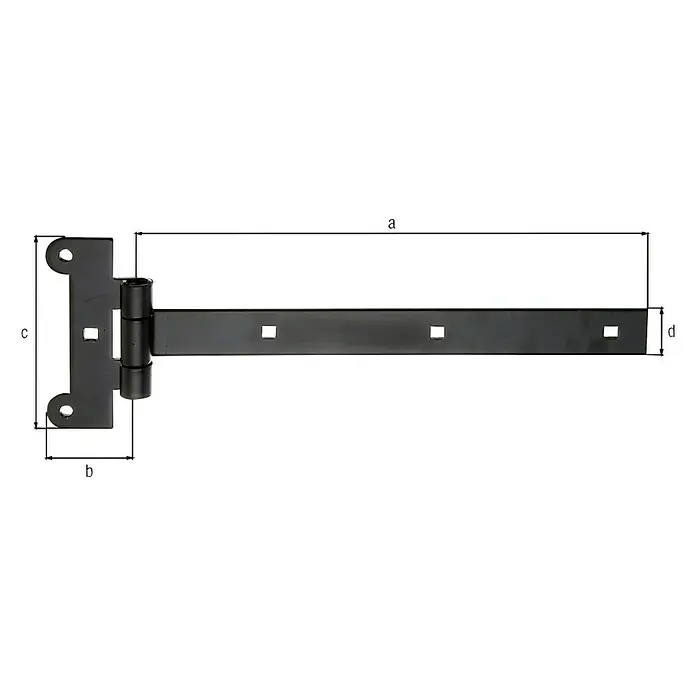 Stabilit Kreuzgehänge - L x B: 291 x 115 mm, Stahl, Schwarz - Ein schwarzes T-Scharnier mit einer langen, geraden Lasche und einem kleineren Befestigungselement. Ideal für Tore und Türen.