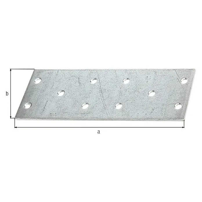 Alberts Pletina de ensamblaje - 10 agujeros, L x An x Al: 115 x 40 x 2 mm - Una placa de unión metálica rectangular galvanizada con una serie de orificios para sujetadores. Ideal para estructuras de madera y construcción.