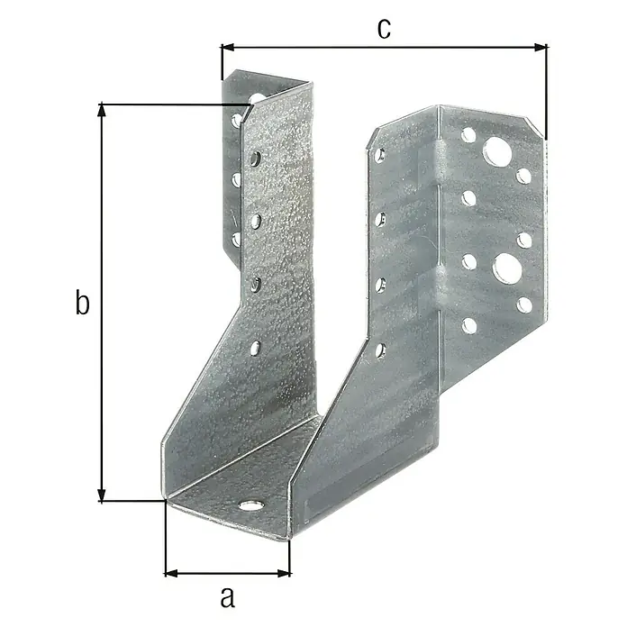 Stabilit Balkenschuh Typ A - B x H: 40 x 110 mm, Stahl - Abbildung eines verzinkten Balkenschuhs mit Löchern zur Befestigung. Das Bauelement dient zur Verbindung von Holzbalken.