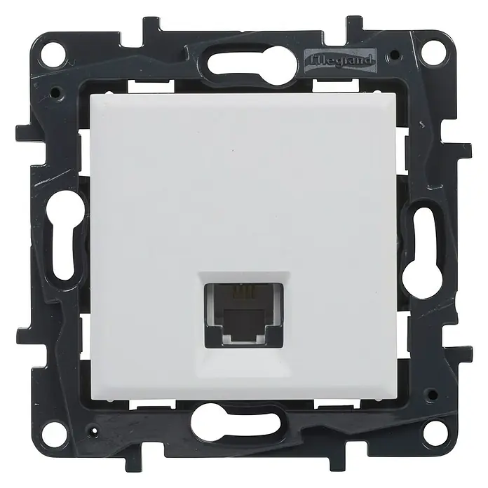 Legrand Niloé Step Toma de teléfono RJ11 - Blanco, Instalar - Primer plano de una toma de red Legrand con puerto RJ45 en blanco, rodeada por un marco gris. Para la transmisión de datos en casa o en la oficina.