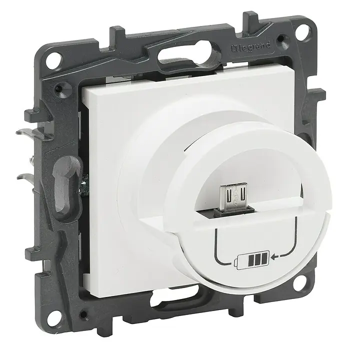 Legrand Niloé Conector USB Dock station - Blanco - Primer plano de una estación de carga USB Legrand para montaje en pared, ideal para cargar dispositivos.