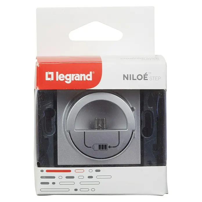 Legrand Niloé Conector USB Dock station - Aluminio - Imagen del producto Legrand Niloe Step, estación de carga empotrada, con puerto USB. Ideal para teléfonos inteligentes y tabletas.