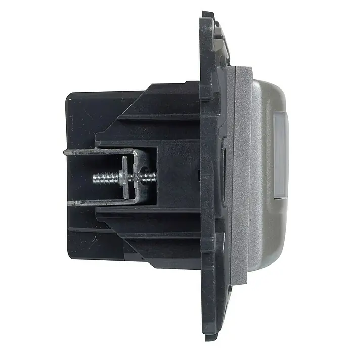 Legrand Niloé Step Mecanismo detector de movimiento - Aluminio, Mate, Montaje en la pared - Vista lateral de un interruptor de luz gris con un tornillo de montaje. El interruptor está diseñado para instalación en pared.