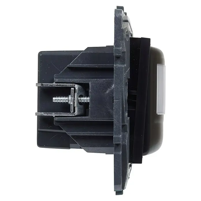 Legrand Niloé Step Mecanismo detector de movimiento - Antracita, Mate, Montaje en la pared - Vista lateral de un dispositivo electrónico gris con un tornillo para montaje seguro, ideal para entusiastas de la electrónica y proyectos DIY.