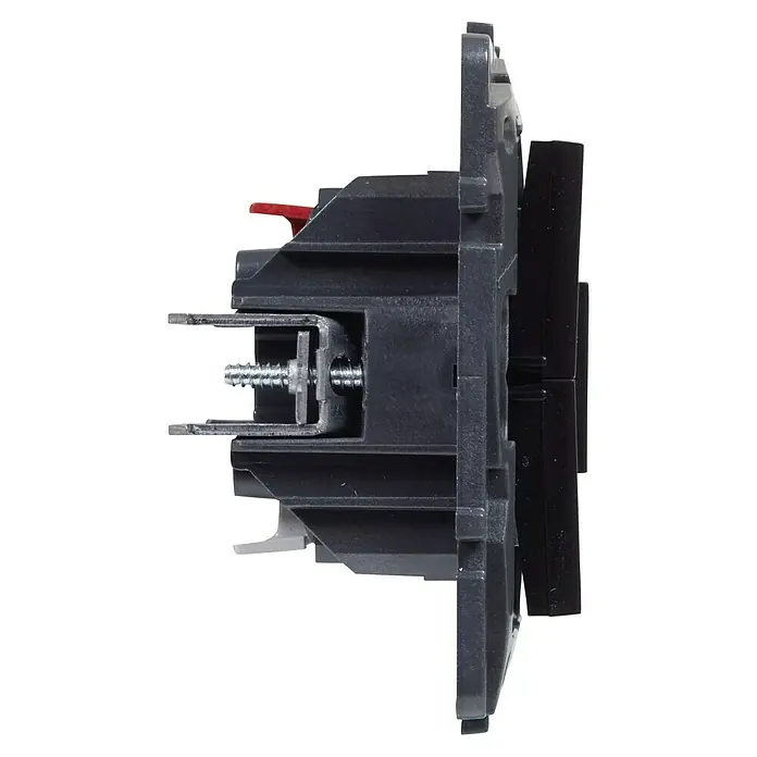 Legrand Niloé Step Interruptores para persianas - Negro, Mate, Montaje en superficie - Vista lateral de un interruptor eléctrico. El interruptor tiene una palanca roja y está montado en la pared. El interruptor es gris y negro.