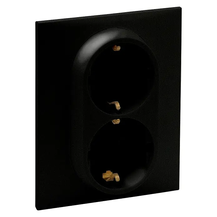 Legrand Niloé Step Enchufe doble - Antracita, x 2, Plástico, Montaje en la pared - Primer plano de un enchufe doble negro. El enchufe ofrece dos salidas para dispositivos electrónicos y tiene un diseño sencillo.