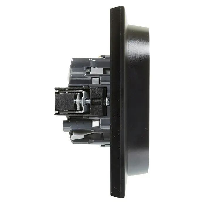 Legrand Niloé Step Enchufe doble - Antracita, x 2, Plástico, Montaje en la pared - Vista detallada de un interruptor de luz regulable negro. Está hecho de plástico y tiene un mando giratorio para el control de la luminosidad.