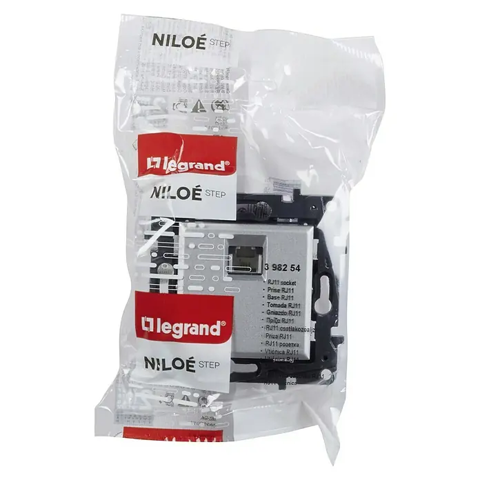 Legrand Niloé Step Toma de teléfono RJ11 - Aluminio, Instalar - Toma RJ11 Legrand Niloe Step empaquetada, mostrando información del producto y descripciones multilingües de funcionalidad RJ11.