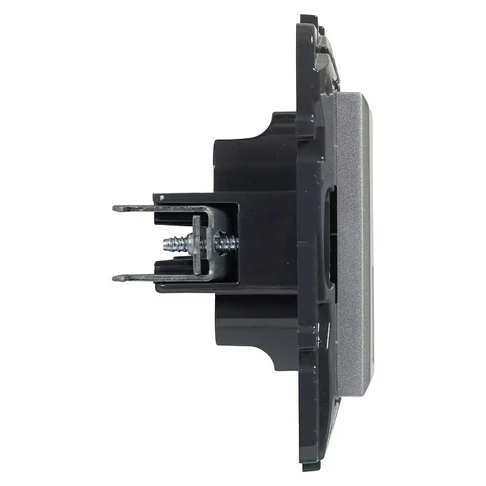 Legrand Niloé Step Toma de teléfono RJ11 - Aluminio, Instalar - Vista lateral de un interruptor de luz inteligente digital gris con tornillos y soportes para montaje en pared.