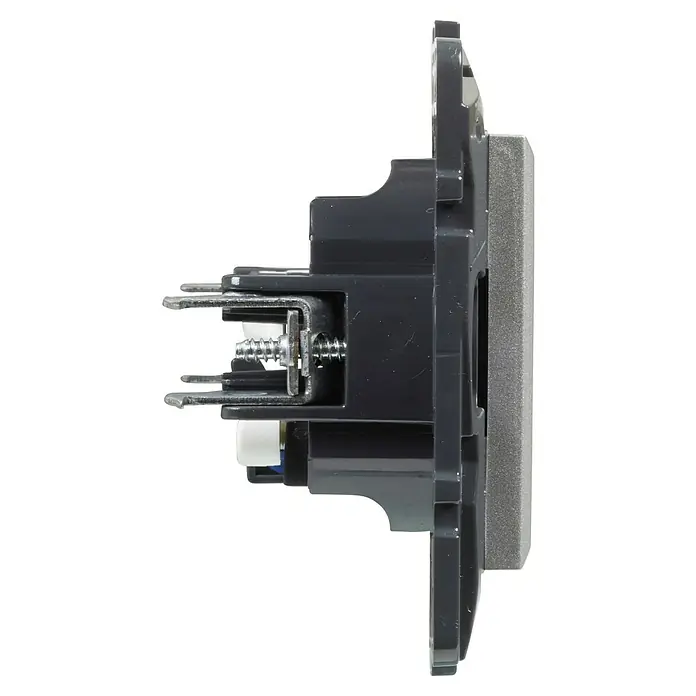 Legrand Niloé Step Toma de red RJ45 - Aluminio, x 1, Plástico, Instalar - Vista lateral de un tomacorriente eléctrico gris blanquecino, que muestra tornillos para conexiones de cableado seguras.