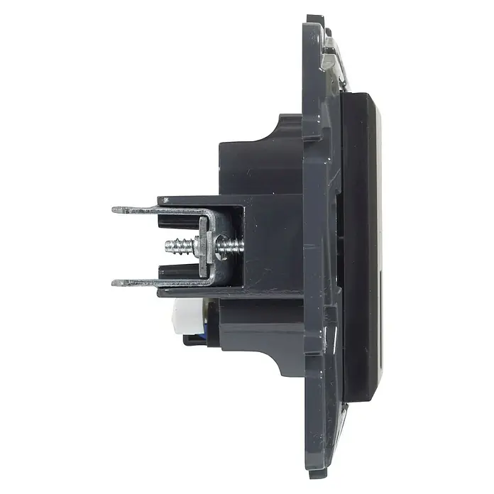 Legrand Niloé Step Toma de red RJ45 - Antracita, x 1, Plástico, Instalar - Vista lateral de un dispositivo electrónico mostrando tornillos y componentes internos, destacando diseño y construcción.