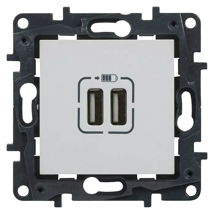 Legrand Niloé Step Toma USB - Blanco, x 2, Plástico, Colocar - Enchufe USB doble de pared blanco con marco gris para una carga de dispositivos rápida y eficiente.