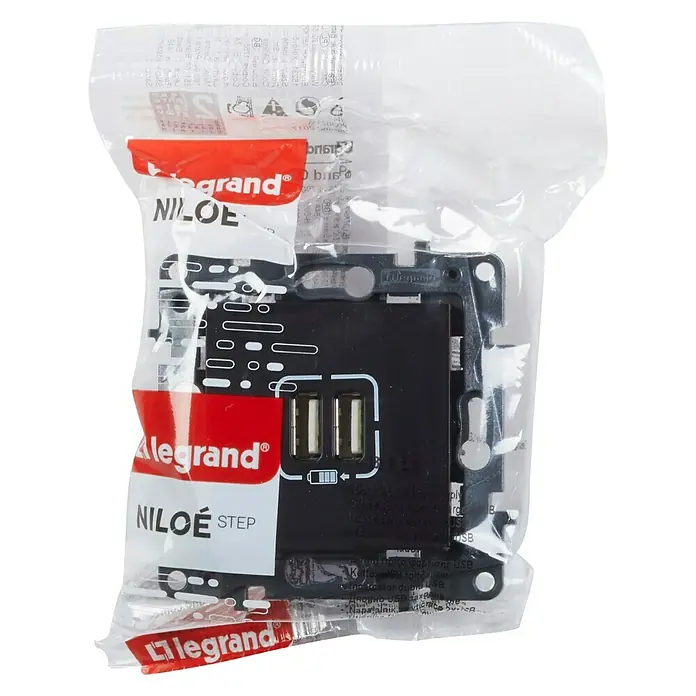 Legrand Niloé Step Toma USB - Antracita, x 2, Plástico, Instalar - Un enchufe de pared USB doble Legrand Niloe Step en su embalaje original. Conveniente para cargar dispositivos electrónicos.