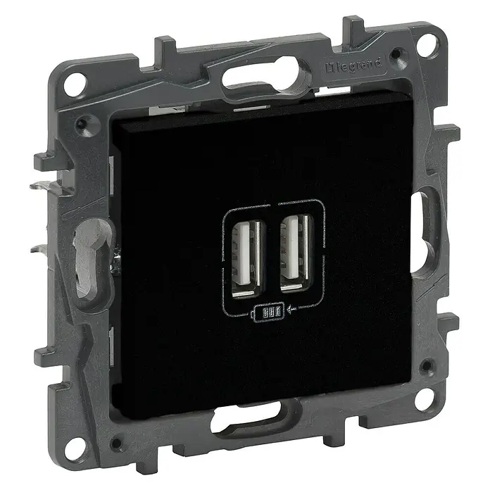 Legrand Niloé Step Toma USB - Antracita, x 2, Plástico, Instalar - Imagen de un cargador USB dual Legrand con placa de montaje. El dispositivo tiene un elegante acabado negro.