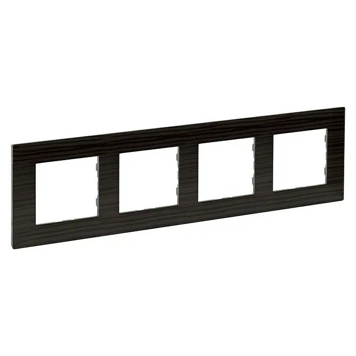 Legrand Niloé Step Marco - Madera, Modelo de mecanismos: x 4, Plástico, Instalar - Un marco de madera para cuatro interruptores de luz. El producto tiene un acabado de vetas de madera oscura y está diseñado para cuatro interruptores.