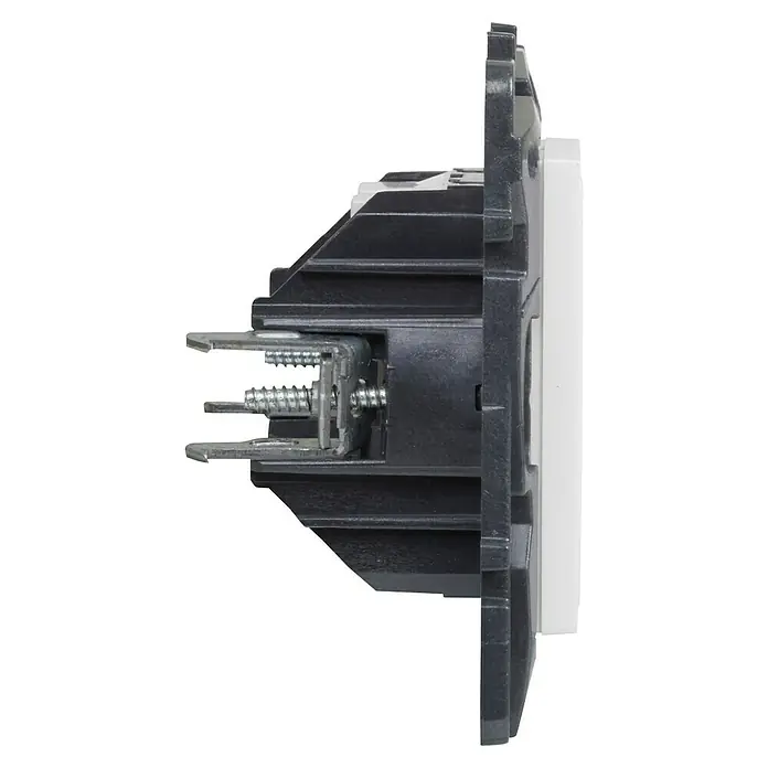 Legrand Niloé Step Tapa para mecanismo - Blanco, Metal, Montaje en la pared - Vista lateral de un interruptor eléctrico que muestra los mecanismos internos y las conexiones de los terminales para el cableado.