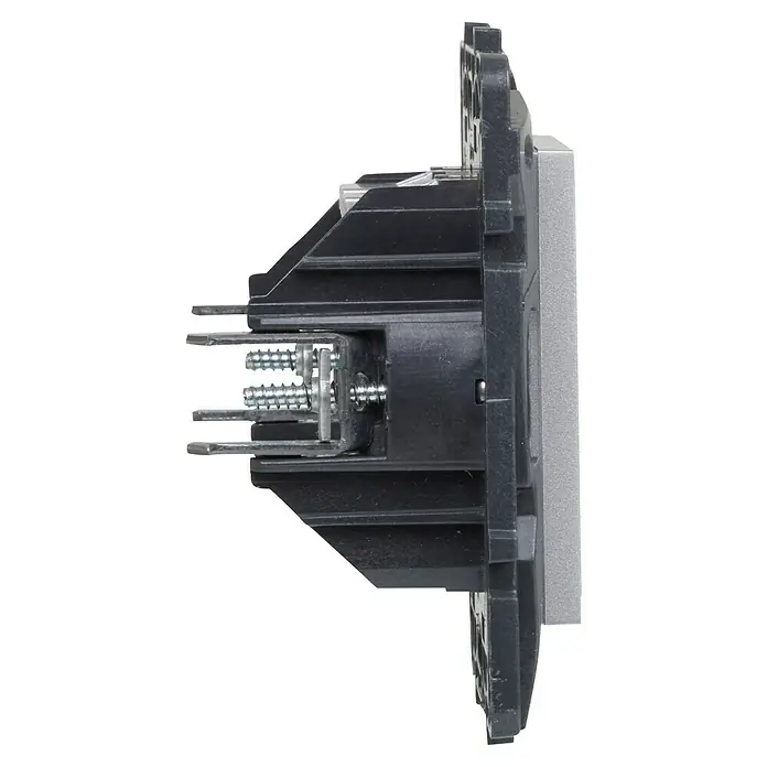 Legrand Niloé Step Tapa para mecanismo - Aluminio, Metal, Montaje en la pared - Primer plano de un interruptor eléctrico con terminales y tornillos visibles, mostrando la construcción interna del producto.
