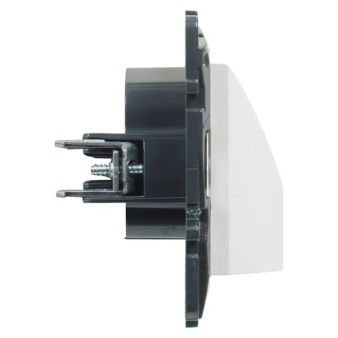 Legrand Niloé Step Pasacables - Blanco, Diámetro: 12 cm - Vista lateral de un enchufe blanco con marco gris y elementos de montaje metálicos.