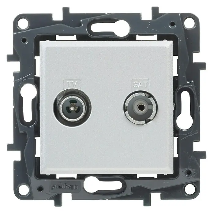 Legrand Niloé Step Pieza insertada para caja de antena Intermedia - x 2, Aluminio - Toma de antena de TV y SAT Legrand plateada con marco gris para una fácil instalación.