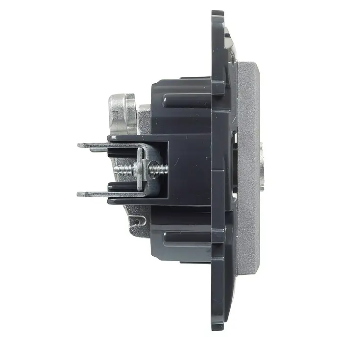 Legrand Niloé Step Pieza insertada para caja de antena Intermedia - x 2, Aluminio - Primer plano de un enchufe eléctrico con una cubierta de color plateado, mostrando los mecanismos internos y el cableado.