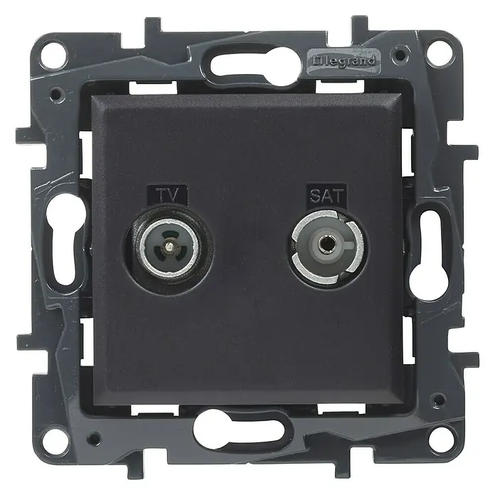 Legrand Niloé Step Pieza insertada para caja de antena Intermedia - x 2, Antracita - Primer plano de una toma de pared Legrand TV/SAT en gris, ideal para recibir señales de televisión y satélite en casa.
