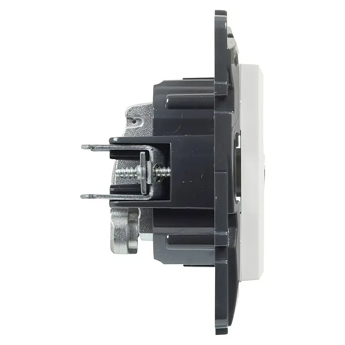 Legrand Niloé Step Pieza insertada para caja de antena Final - x 2, Blanco - Vista lateral de un enchufe de dispositivo, con un marco metálico y un tornillo para la fijación. La carcasa es de material plástico gris.