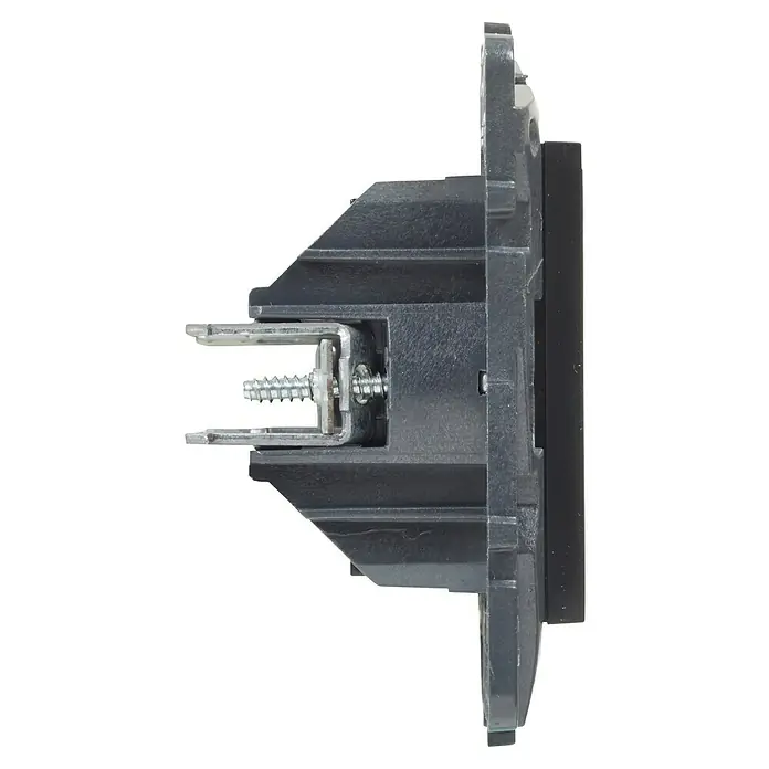 Legrand Niloé Step Tapa para mecanismo - Antracita, Metal, Montaje en la pared - Vista detallada de un dispositivo con un marco negro y varios tornillos plateados.