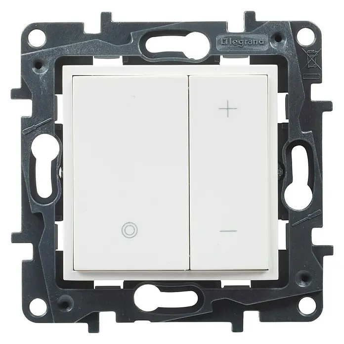 Legrand Niloé Step Regulador luminoso + Pulsador - Blanco, Plástico, Instalar - Un interruptor de luz LeGrand con dos botones y un marco gris para montaje en pared, ideal para diseño de interiores moderno.