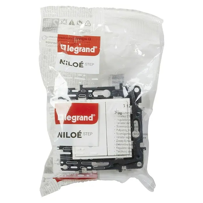 Legrand Niloé Step Regulador luminoso + Pulsador - Blanco, Plástico, Instalar - Interruptor regulador Legrand Niloe Step empaquetado, un componente para controlar la intensidad de la luz, etiquetado en varios idiomas.
