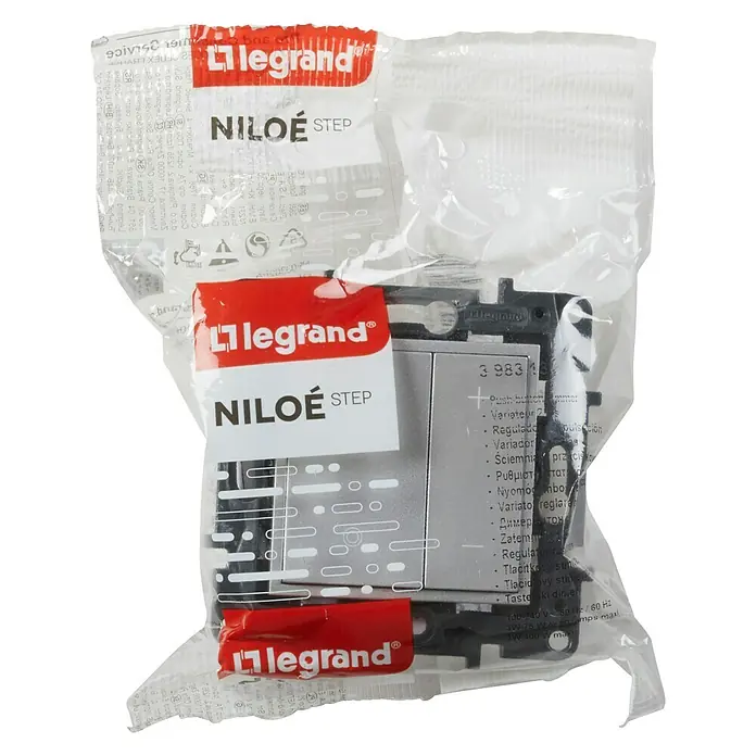 Legrand Niloé Step Regulador luminoso + Pulsador - Aluminio, Plástico, Instalar - Primer plano de un regulador Legrand Niloe Step en su embalaje original, ideal para un control preciso de la luz.