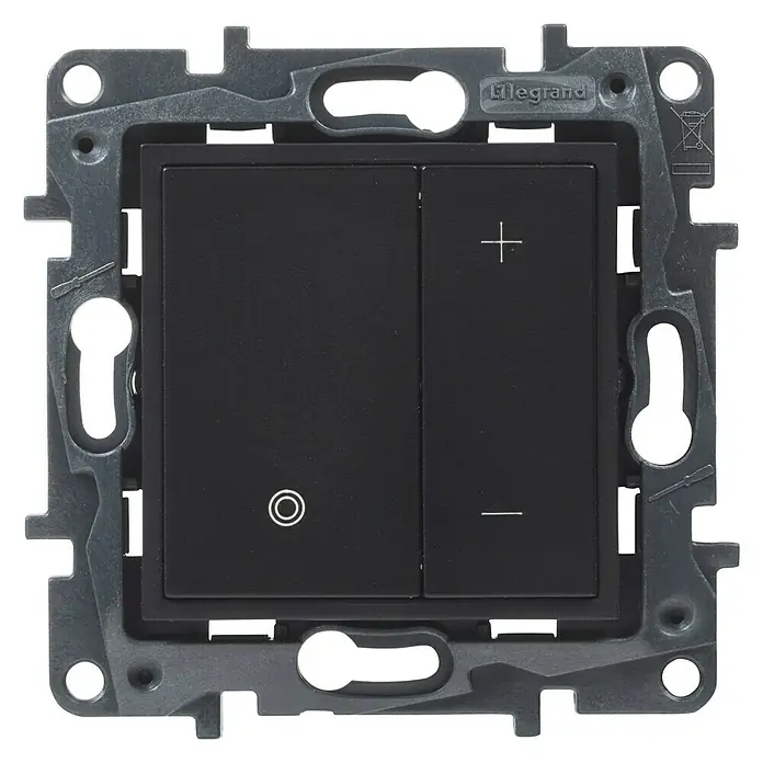 Legrand Niloé Step Regulador luminoso + Pulsador - Antracita, Plástico, Instalar - Un interruptor doble negro Legrand con control de volumen y marco, ideal para espacios modernos.