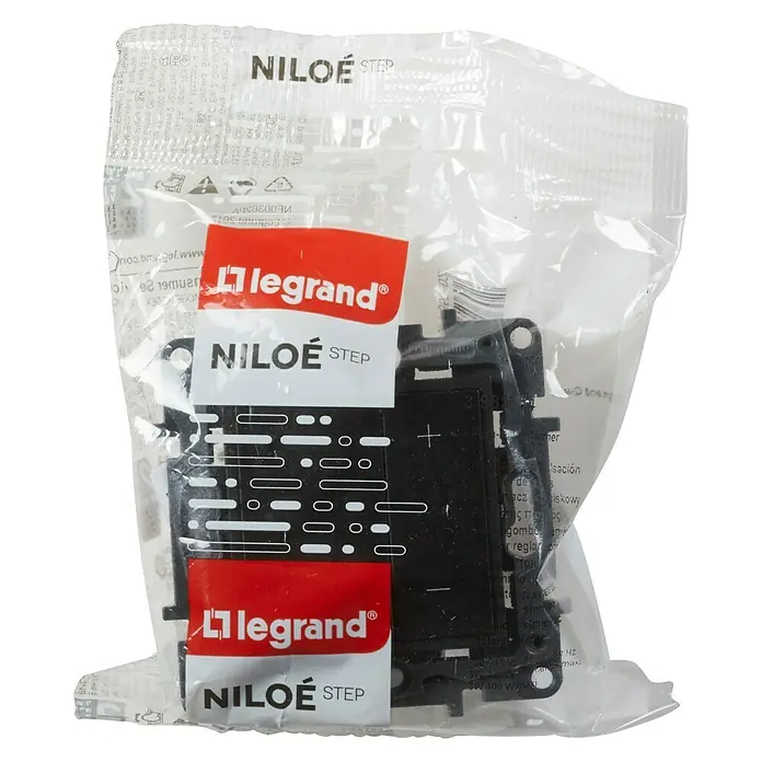 Legrand Niloé Step Regulador luminoso + Pulsador - Antracita, Plástico, Instalar - Un paquete individual de un interruptor Niloé Step de Legrand, un producto de instalación eléctrica, en un embalaje de plástico transparente.