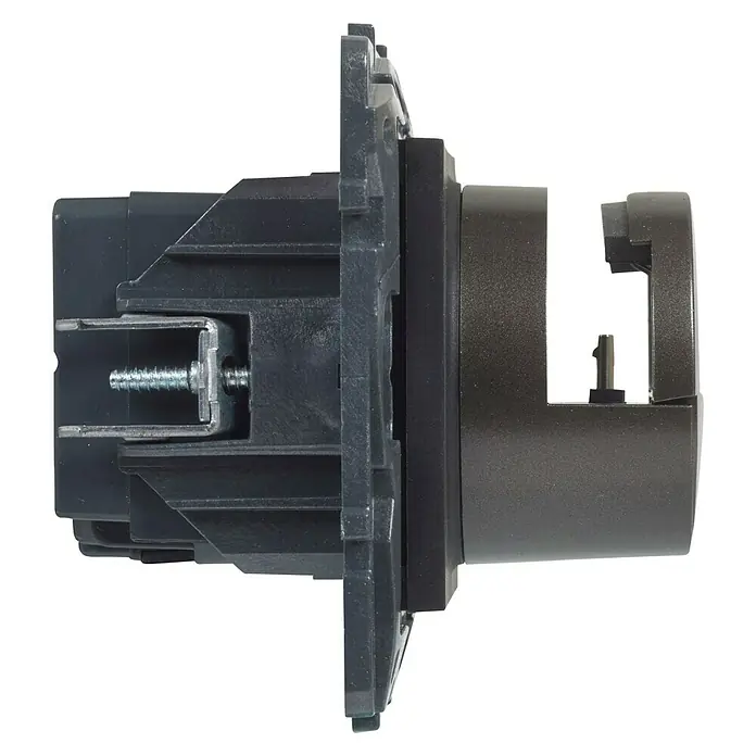 Legrand Niloé Conector USB Dock station - Antracita - Primer plano de un enchufe negro con tornillo y marco metálico para conexiones eléctricas.