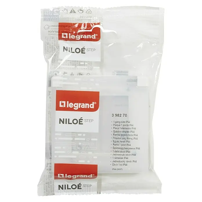 Legrand Niloé Step Marco IP44 - Blanco, Modelo de mecanismos: x 1, Plástico, Instalar - Embalaje de una placa individual Legrand Niloe Step IP44, ideal para lugares húmedos, que ofrece protección y fácil instalación.