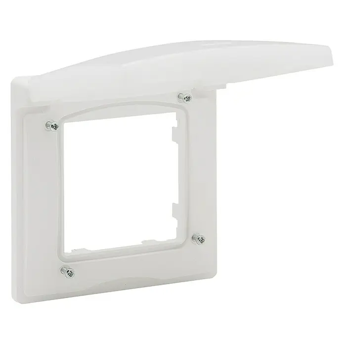 Legrand Niloé Step Marco IP44 - Blanco, Modelo de mecanismos: x 1, Plástico, Instalar - Primer plano de una tapa de receptáculo de una sola unidad, blanca y resistente a la intemperie. La tapa está abierta, mostrando la abertura.