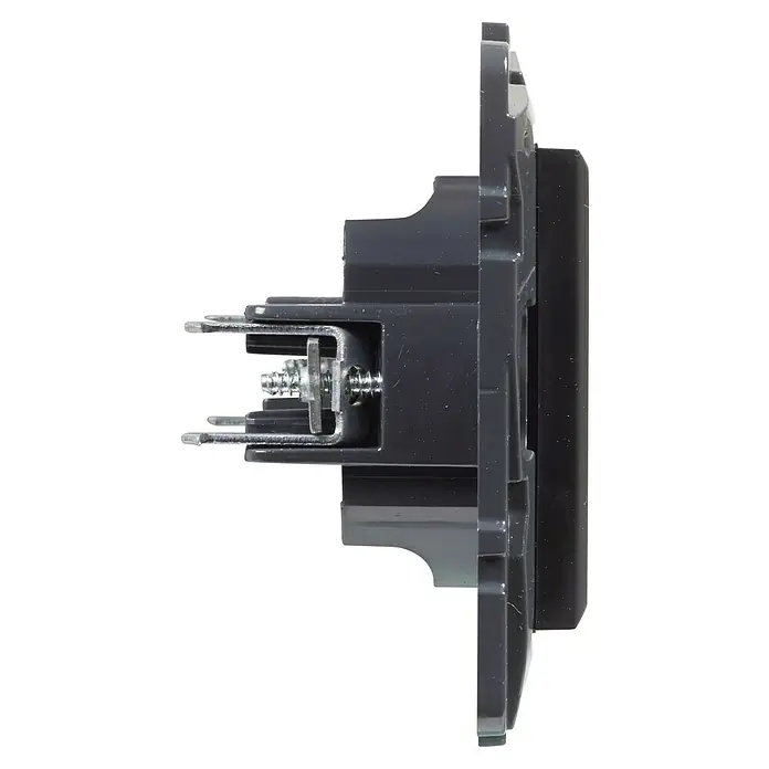 Legrand Niloé Step Toma de teléfono RJ11 - Antracita, Instalar - Primer plano de un interruptor de luz gris, que muestra los detalles del diseño y los terminales para las conexiones eléctricas.