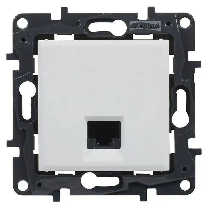 Legrand Niloé Step Toma de red RJ45 - Blanco, x 1, Plástico, Instalar - Una toma de datos RJ45 Legrand blanca con marco gris, ideal para conexiones de red en áreas residenciales o de oficina.