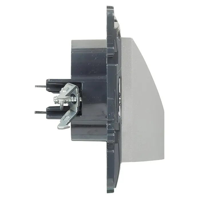 Legrand Niloé Step Pasacables - Aluminio, Diámetro: 12 cm - Vista lateral de un enchufe de pared gris con mecanismo de fijación para montaje en pared.